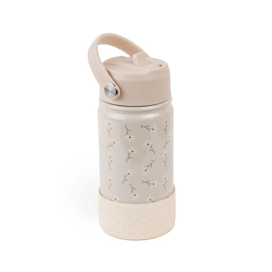 Beige isolierte Wasserflasche mit floralen Mustern und Tragegriff