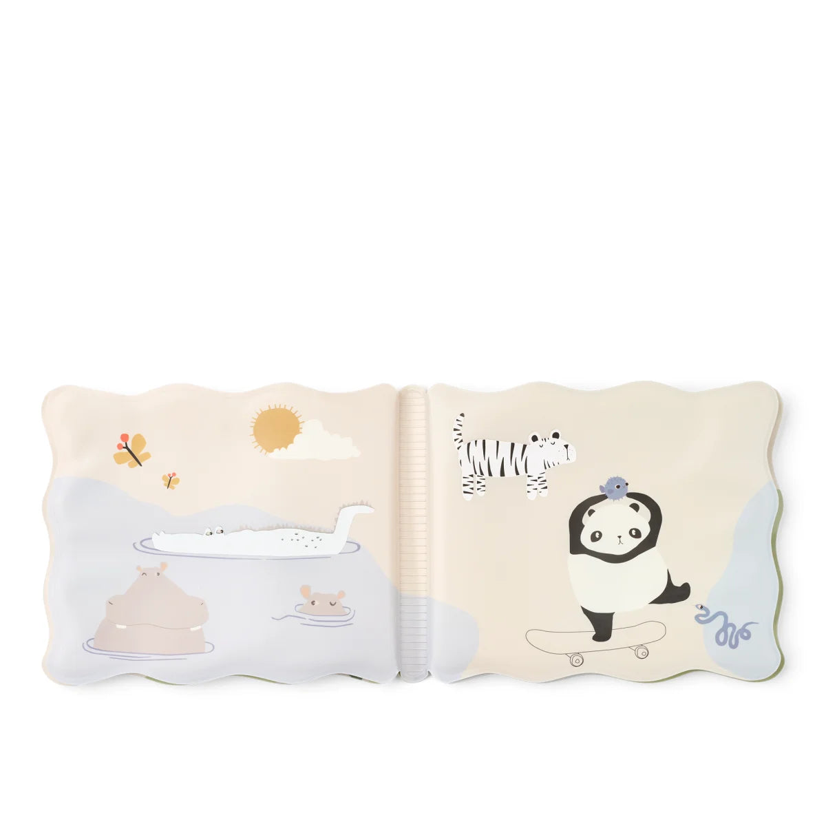 Weiches, cremefarbenes Kinderbuch mit verspielten Tierfiguren und sanfter Pastellarbeit im Waylon Magic Water Book Sandy around the world