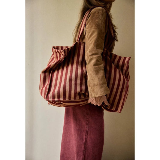 Week-end bag rayures garance großer streifentasche aus nachhaltiger stoff in rot und creme ideal für ökologische baby- & kinderprodukte
