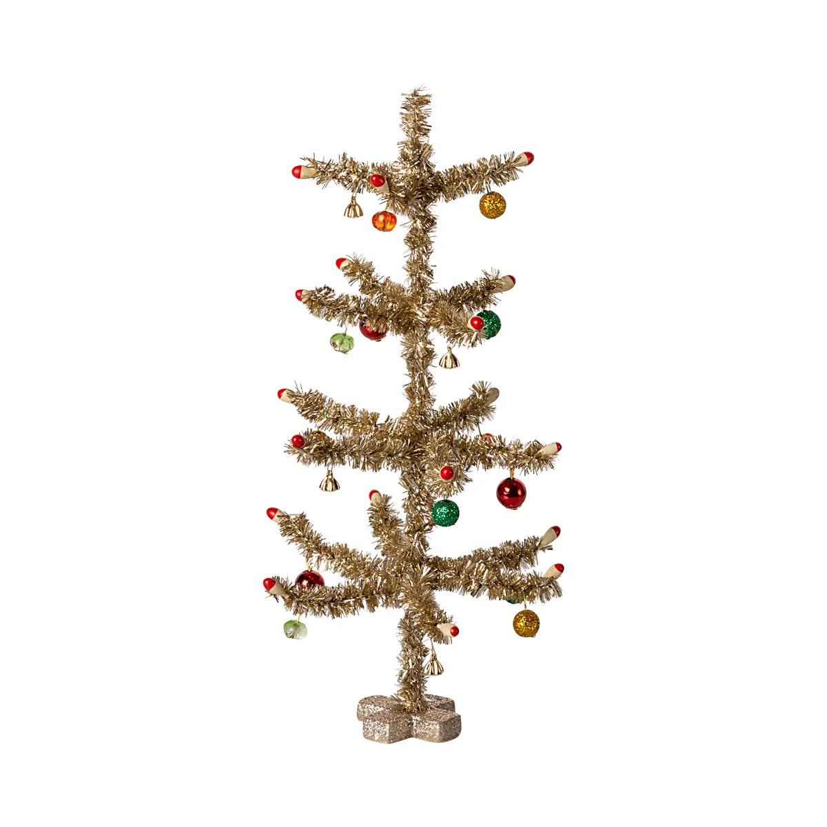 Glänzender Gold-Tannenbaum mit rot-grünen Ornamenten und Glöckchen