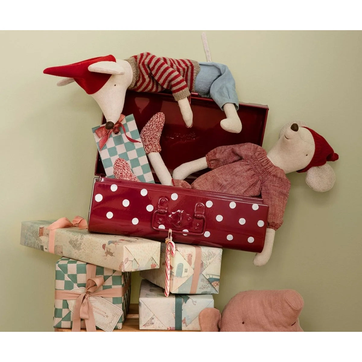 Roter polka-punktierter Koffer Weihnachtsmaus Maxi Mädchen, glänzend mit Silberbeschlägen