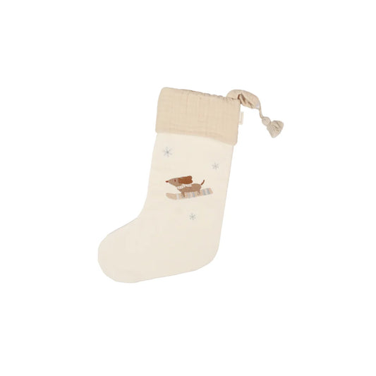 Creamfarbener Weihnachtsstrumpf mit zwei gestickten Hunden für Weihnachten