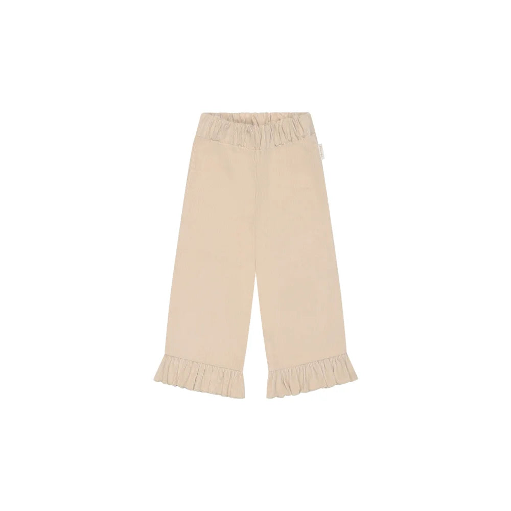 Helle beigen weite Cordhose mit elastischem Bund und Rüschensaum, cappuccino Stil