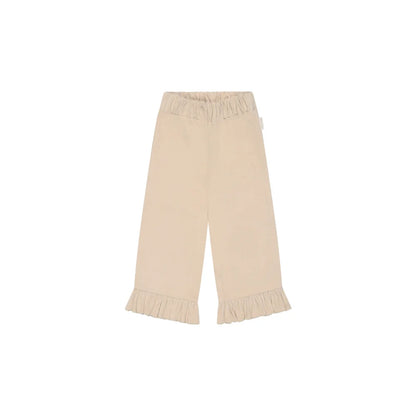 Helle beigen weite Cordhose mit elastischem Bund und Rüschensaum, cappuccino Stil