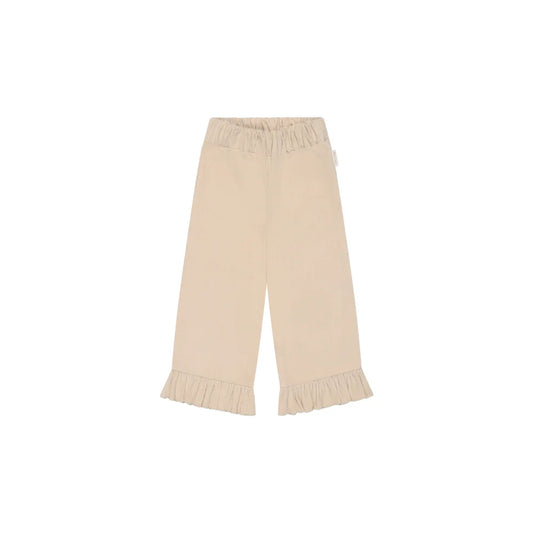 Helle beigen weite Cordhose mit elastischem Bund und Rüschensaum, cappuccino Stil