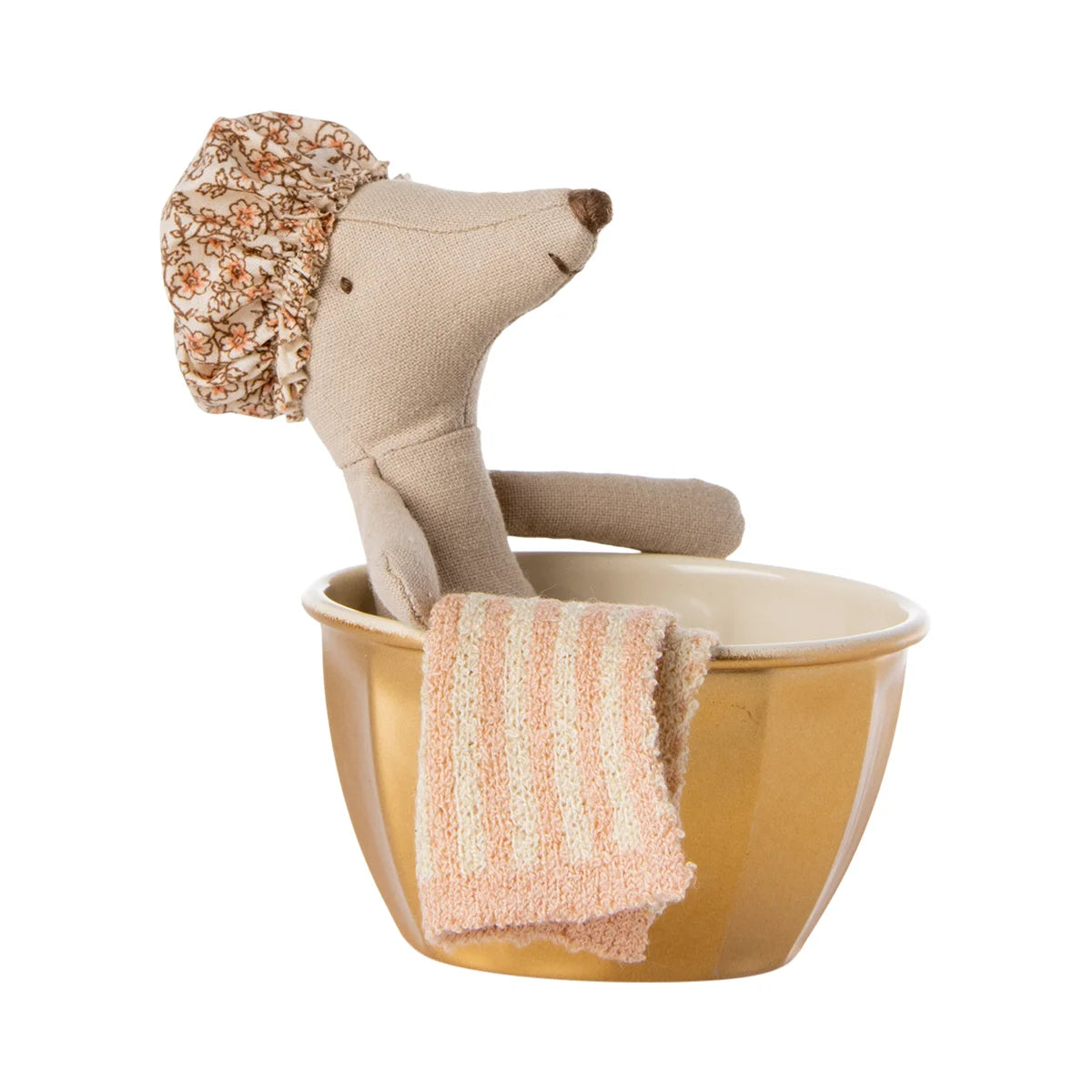 Wellnessmaus grosse Schwester: Beige Stoffmaus mit Blumen-Duschhaube und pink-weiß gestreiftem Handtuch