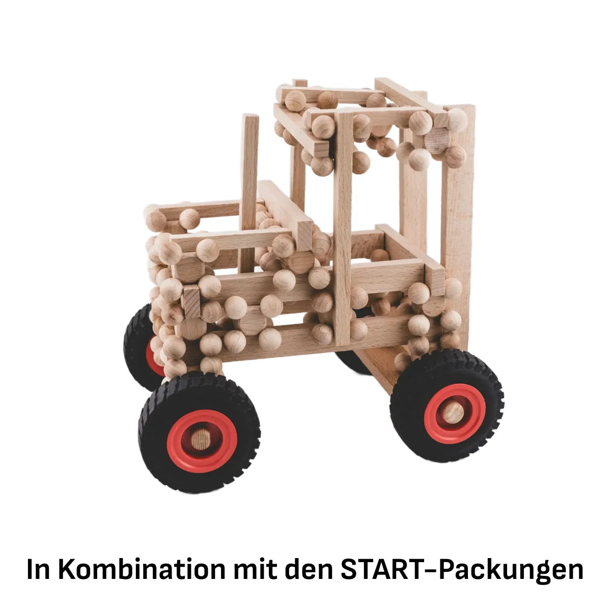 Holz-Lkw-Spielzeug mit 4 Rädern, natürlicher Finish, schwarzen Felgen mit roten Reifen und Perlenrahmen