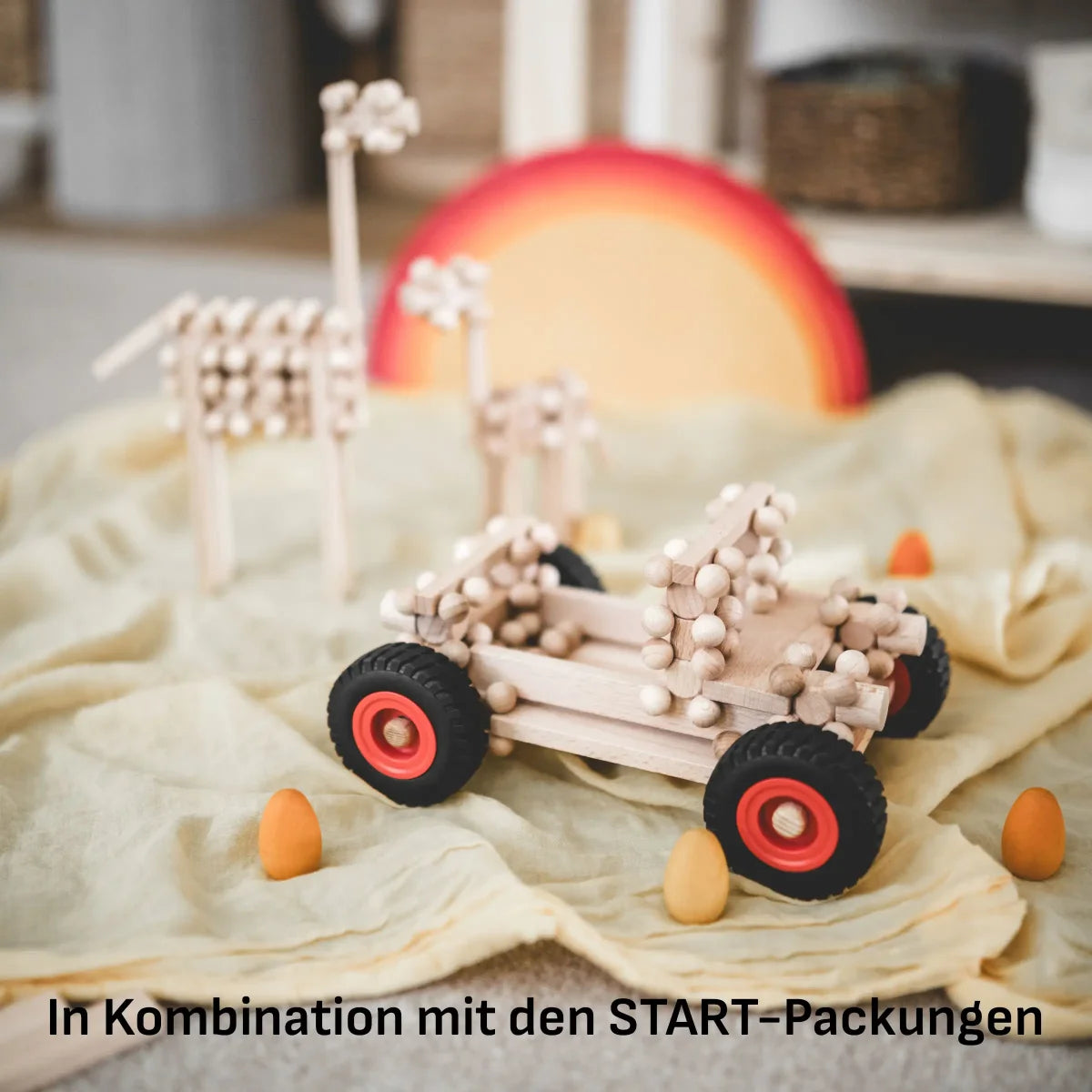 Holzspielzeugauto mit schwarzen und roten Rädern, 4 Räder an 2 Achsen