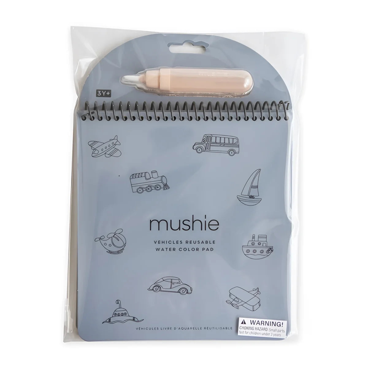 Mushie wiederverwendbares wassermalbuch fahrzeuge mit beige marker und schwarzen fahrzeugzeichnungen auf hellblauem untergrund