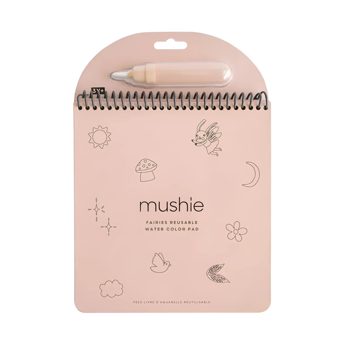 Wiederverwendbares wassermalbuch feen mit pinkem mushie fairies block und beige wasserpinsel an schwarzer spiralbindung