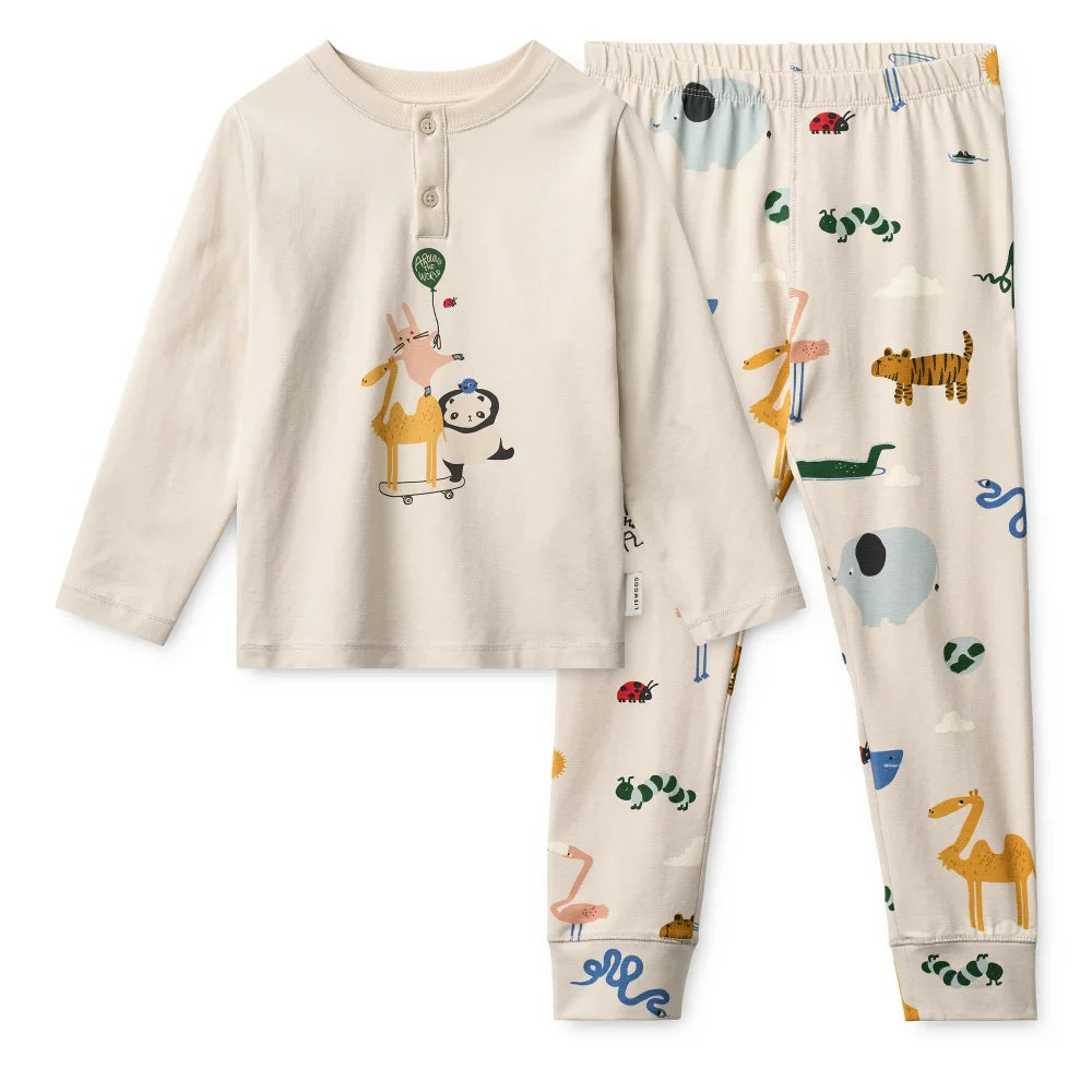 Kinder cremfarbene Pyjamas mit bunten Tier- und Cartoon-Prints, Wilhelm Printed Pyjamas Set
