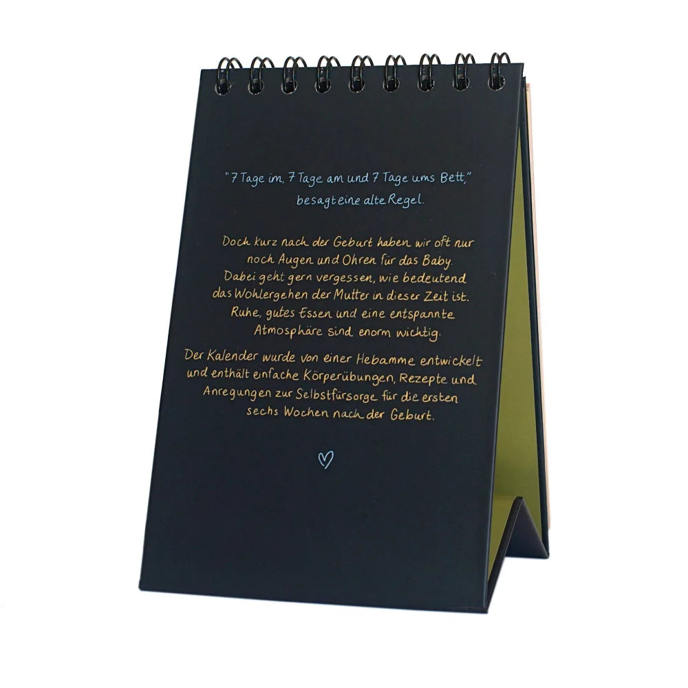 Schwarzer Spiral-Desk-Kalender mit Text für Wochenbettkalender