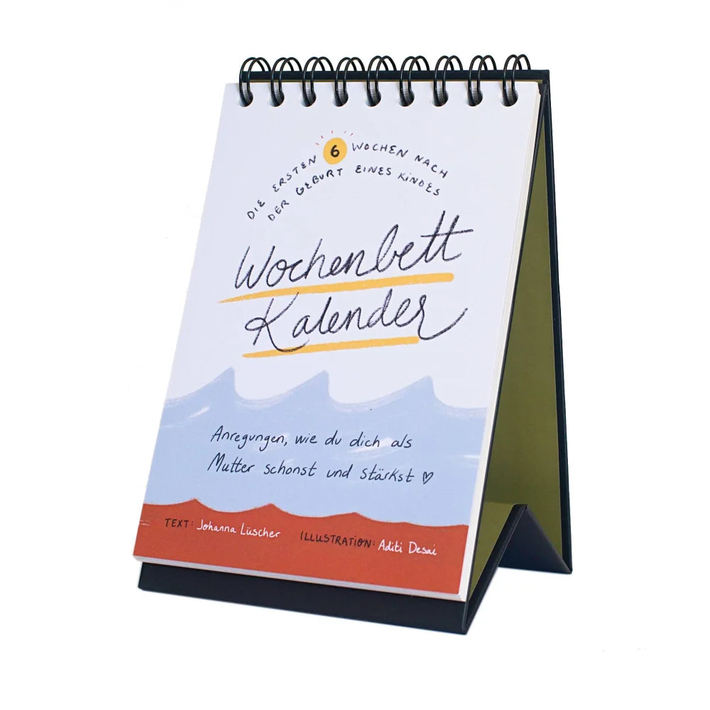 Wochenbettkalender mit Spiralbindung und Ständer auf Schreibtisch für Organisation