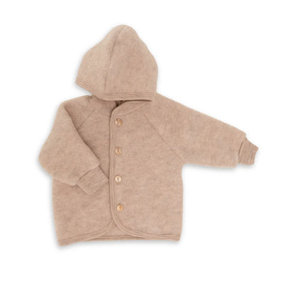 Beige Kapuzenjacke für Babys mit Holzknöpfen, Wollfleece, sand melange