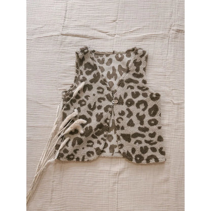 Cream und braun leo teddy weste mit einknopfverschluss, flauschiger Look