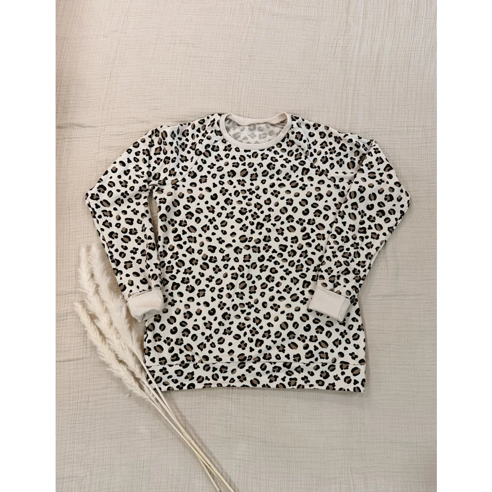 Weiße Langarm-Sweatshirt mit schwarzem Leo-Muster für Damen | leo