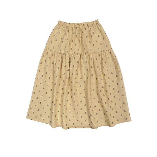 Beige gestufter damen-rock mit dezentem allover-muster aus kleinen dunkelbraunen abstrakten formen lavender skirt