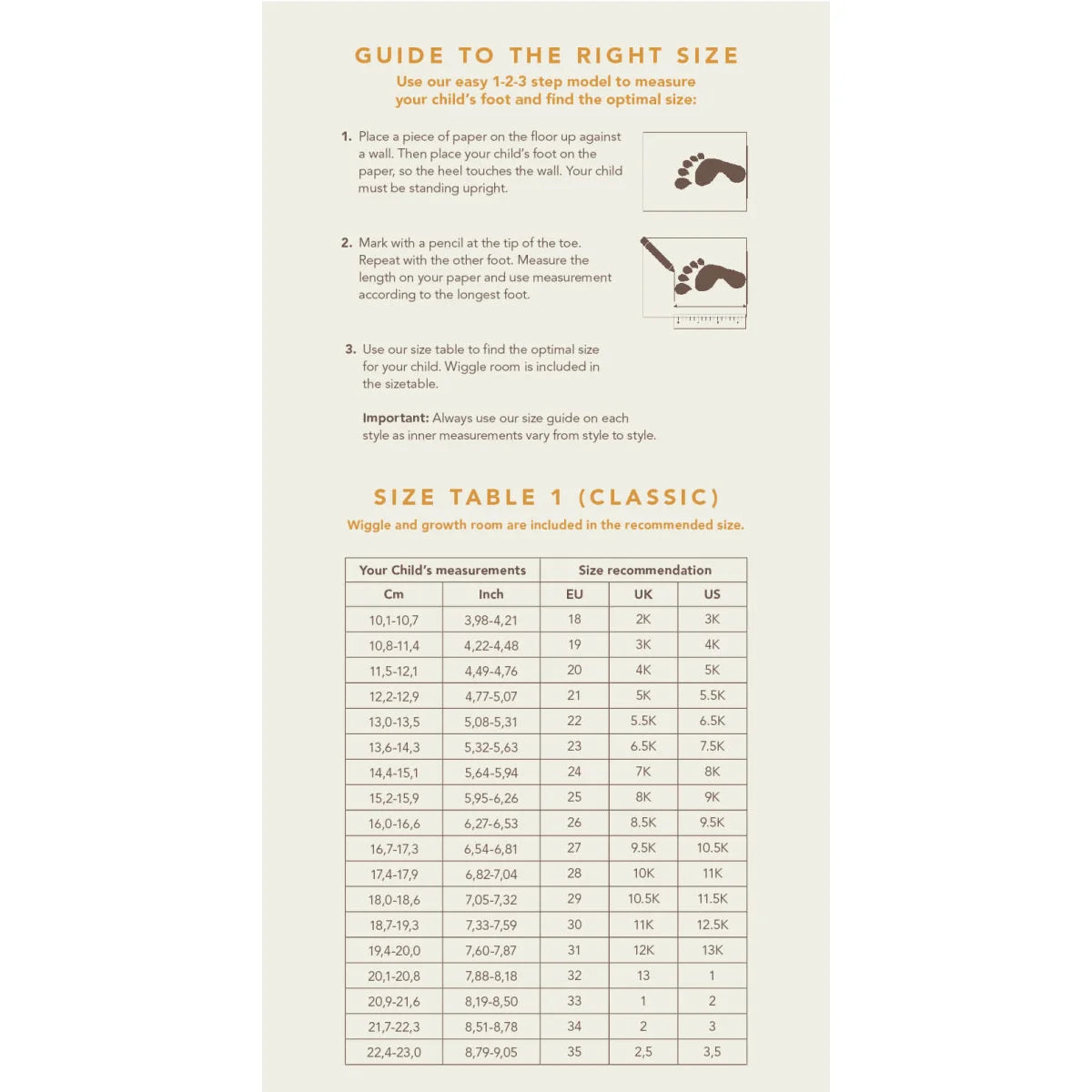 Anleitung zum Messen der Kinderfüße und Schuhgrößentabelle für Scallop Boot Blackberries