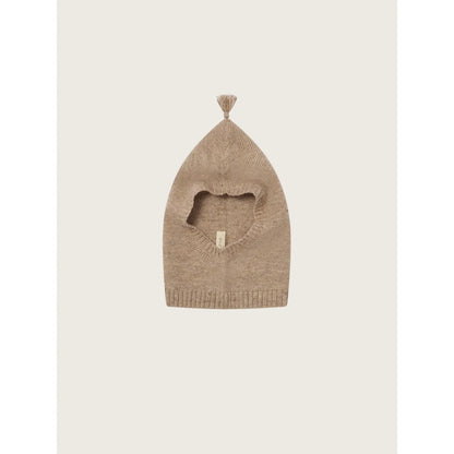 Hellbraune gestrickte Wollbalaklava mit Herzgesichtöffnung und kleiner Quaste oben