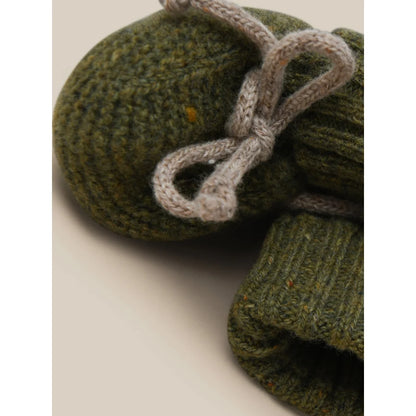 Grüne gestrickte Fäustlinge mit hellgrauem Schnur für Wool Booties Forest