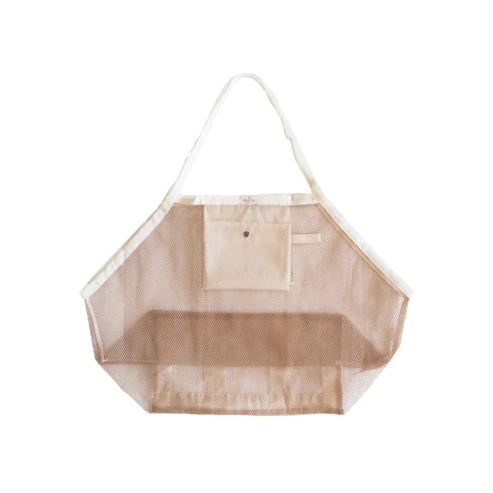 Beige mesh tote bag with white straps and front pocket, XL Beach Bag Meshies Vanilla