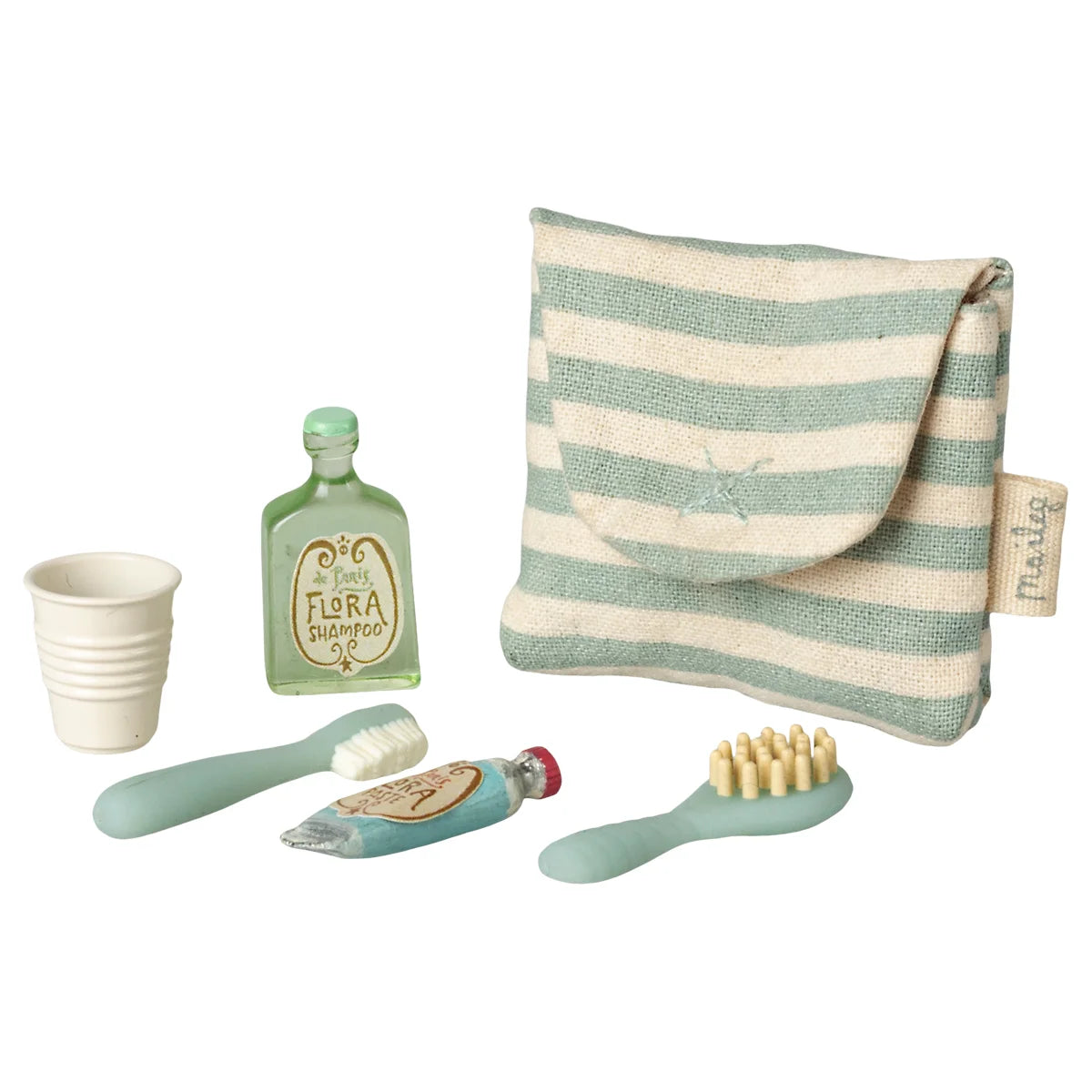 Miniatur gestreifte zahnbürsten-set tasche in mintgrün und creme aus gewebtem stoff mit sticklogo ideal für ökologische baby- & kinderprodukte