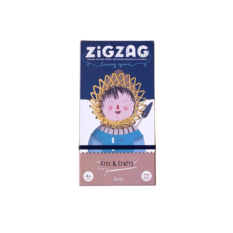 Zig Zag Spiel mit Cartoon-Figur in goldener Kopfschmuck und blauem Outfit in navy-rosa Box